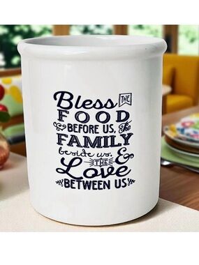 NWT Devotions Bless the Food Utensil White Ceramic Inspirational Container Jar